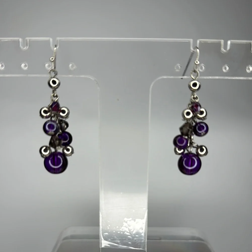 Purple and Silver Cluster Drop Earrings